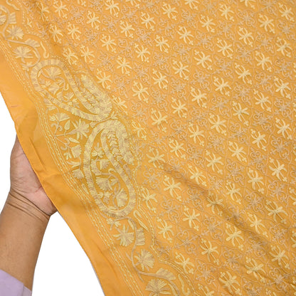 Indian Vintage Dupatta Mustard Pure Georgette silk Long Stole Hand Embroidered ari work Scarves Stole Veil Wrap
