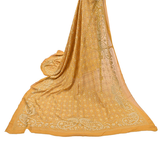 Indian Vintage Dupatta Mustard Pure Georgette silk Long Stole Hand Embroidered ari work Scarves Stole Veil Wrap