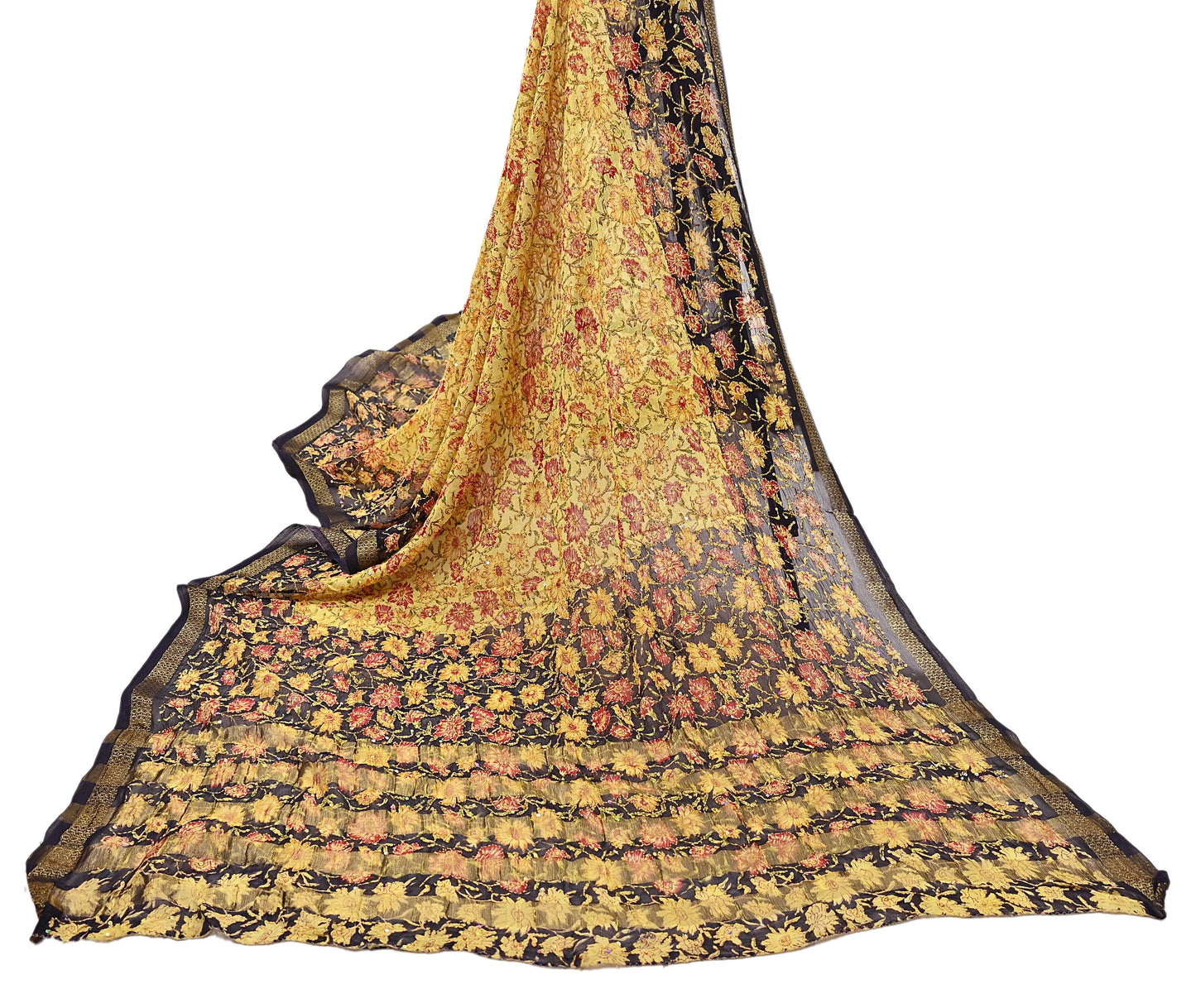 Indian Vintage Dupatta Long Stole Hand Embroidered kantha stole Blend Cotton Scarves Veil Wrap Soft Floral Sequins