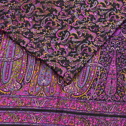 Vintage Sari Black Pure Silk Printed Saree Craft Fabric 5yard Sewing Floral Soft Dress Designing for Crafting Upcycle Quilting