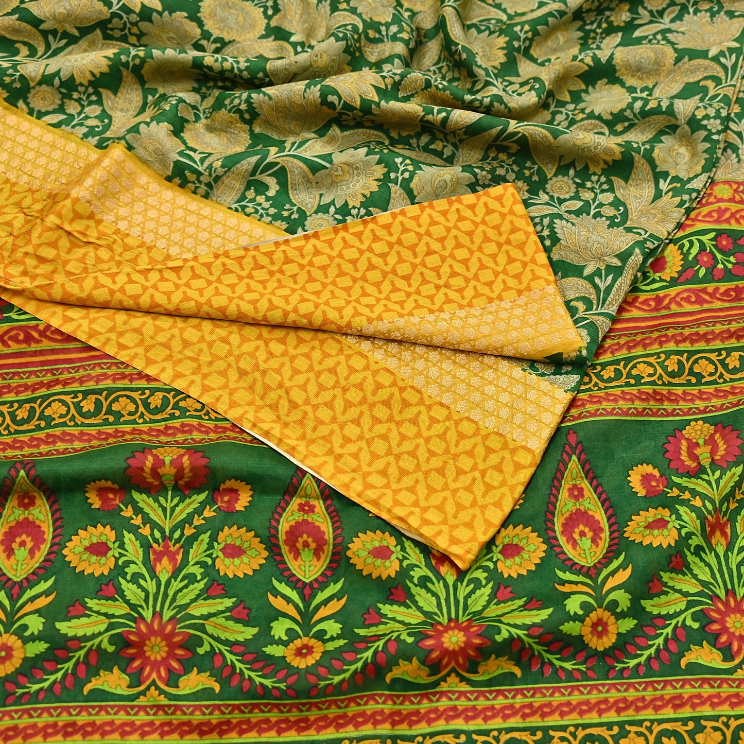 Indian Vintage Green Saree 100% Pure Silk Woven Printed Sari 5yd Craft Fabric  Sewing Soft Dress Designing for Crafting Quilting