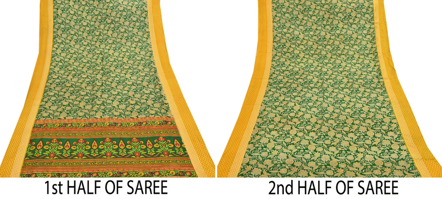 Indian Vintage Green Saree 100% Pure Silk Woven Printed Sari 5yd Craft Fabric  Sewing Soft Dress Designing for Crafting Quilting