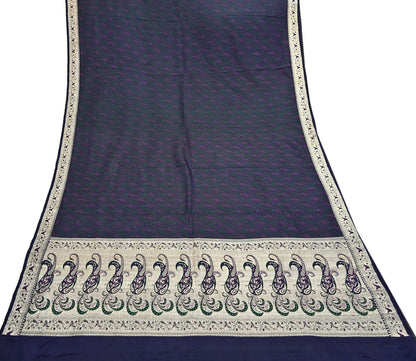 Indian Vintage Sari Blue Heavy Pure Satin Silk Woven Banarasi Tanchoi Sari Zari 5Yd Craft Fabric Dress making Ethnic Crafting Upcycle