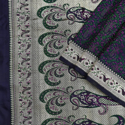 Indian Vintage Sari Blue Heavy Pure Satin Silk Woven Banarasi Tanchoi Sari Zari 5Yd Craft Fabric Dress making Ethnic Crafting Upcycle