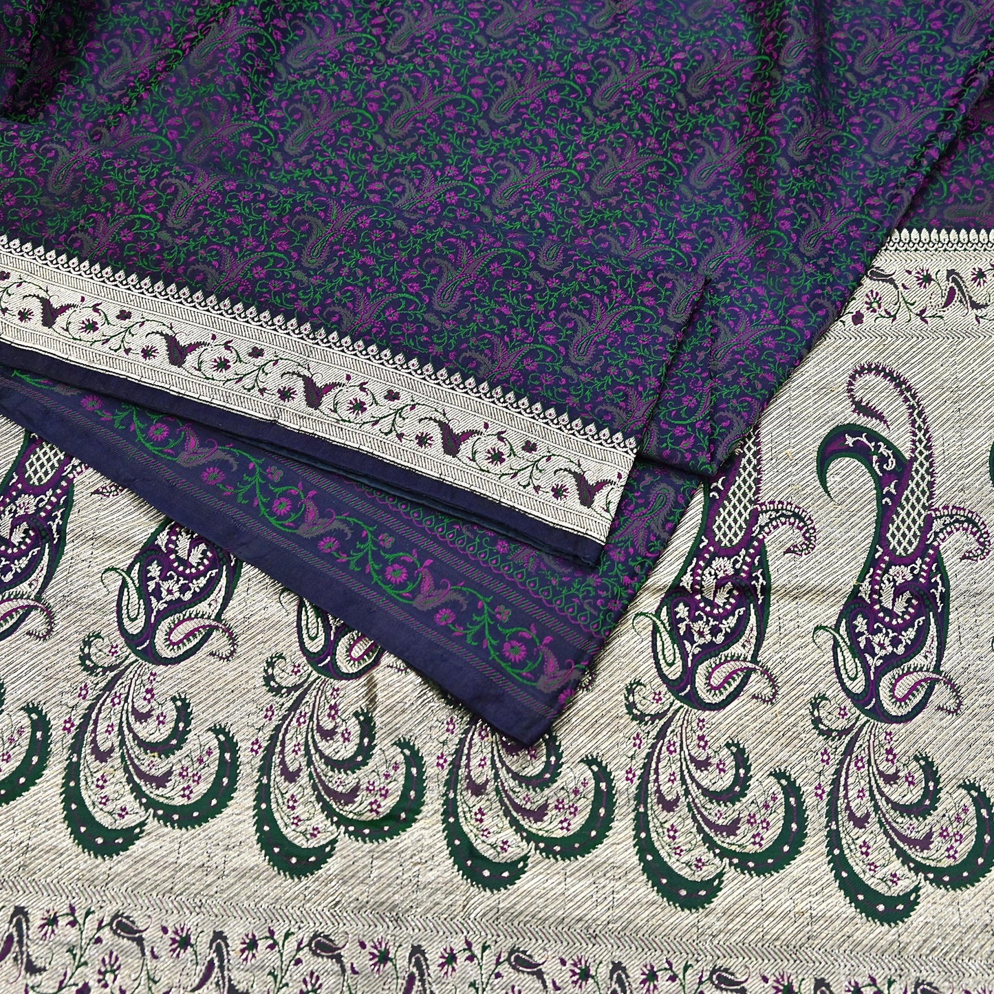 Indian Vintage Sari Blue Heavy Pure Satin Silk Woven Banarasi Tanchoi Sari Zari 5Yd Craft Fabric Dress making Ethnic Crafting Upcycle