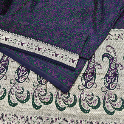 Indian Vintage Sari Blue Heavy Pure Satin Silk Woven Banarasi Tanchoi Sari Zari 5Yd Craft Fabric Dress making Ethnic Crafting Upcycle