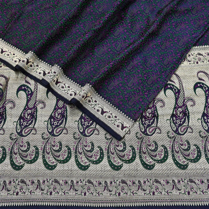 Indian Vintage Sari Blue Heavy Pure Satin Silk Woven Banarasi Tanchoi Sari Zari 5Yd Craft Fabric Dress making Ethnic Crafting Upcycle