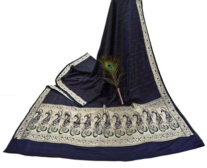 Indian Vintage Sari Blue Heavy Pure Satin Silk Woven Banarasi Tanchoi Sari Zari 5Yd Craft Fabric Dress making Ethnic Crafting Upcycle