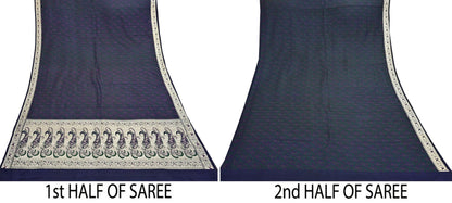 Indian Vintage Sari Blue Heavy Pure Satin Silk Woven Banarasi Tanchoi Sari Zari 5Yd Craft Fabric Dress making Ethnic Crafting Upcycle