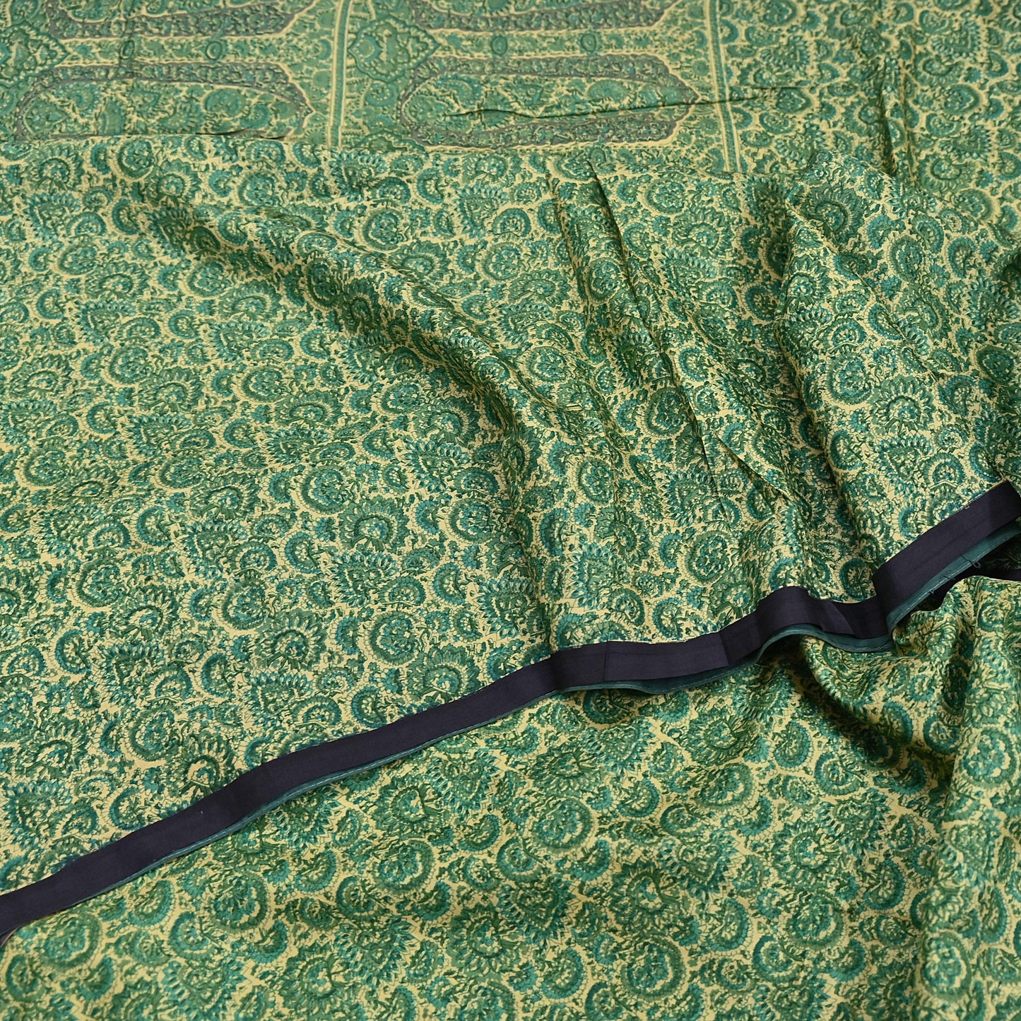 Indian Vintage Beige & Green Saree Pure Silk Printed Sari 6yd Sewing Craft Fabric Dress Making Soft Crafting Quilting Quilting Upcycle