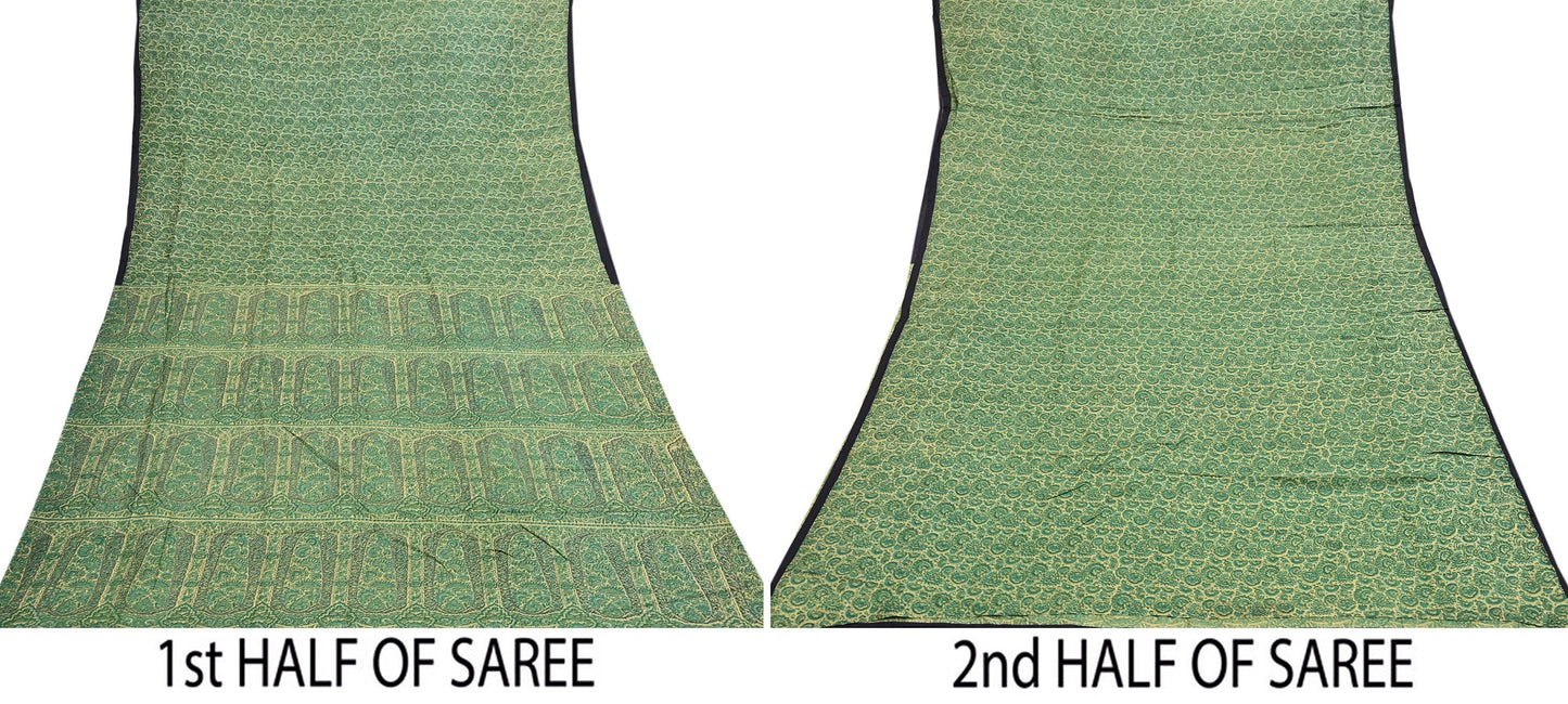 Indian Vintage Beige & Green Saree Pure Silk Printed Sari 6yd Sewing Craft Fabric Dress Making Soft Crafting Quilting Quilting Upcycle
