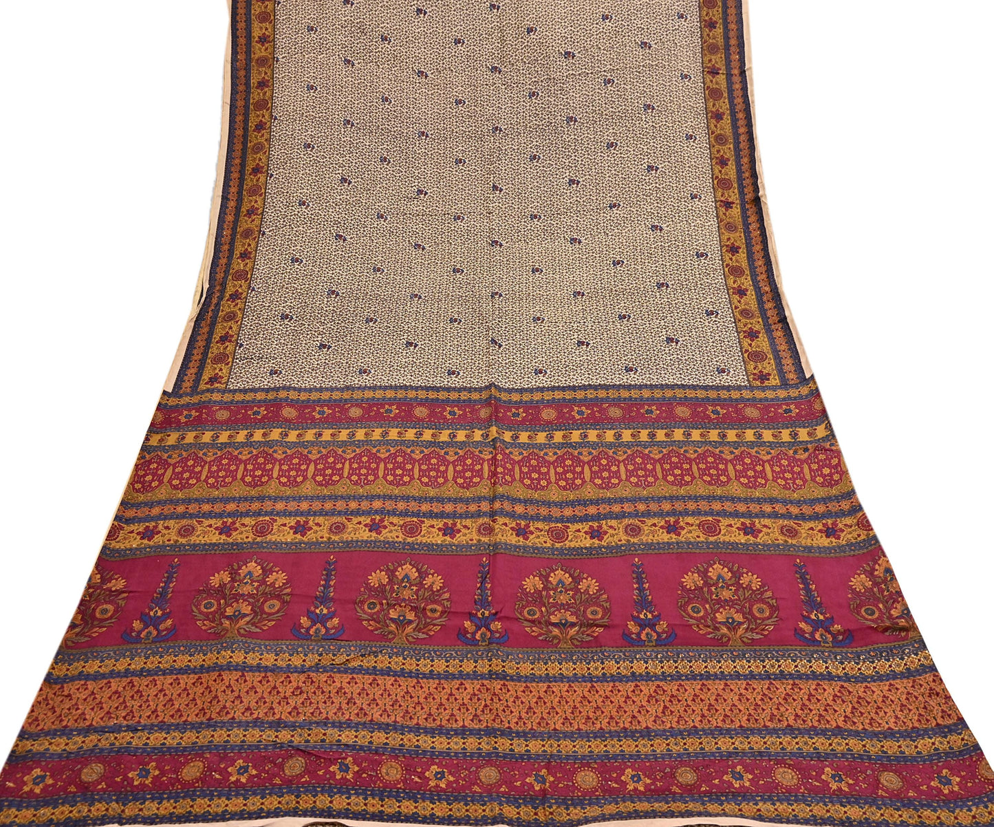 Indian Vintage Sari Beige Pure Silk Printed Saree 5yd Sewing Craft Fabric DressMaking Soft Used Upcycled