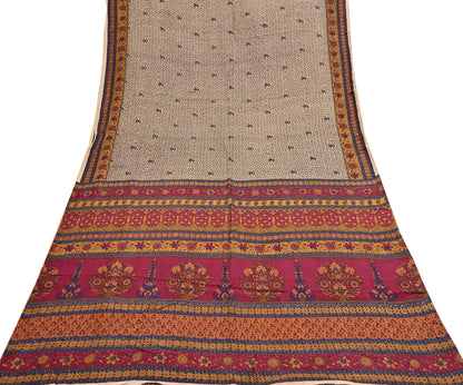 Indian Vintage Sari Beige Pure Silk Printed Saree 5yd Sewing Craft Fabric DressMaking Soft Used Upcycled