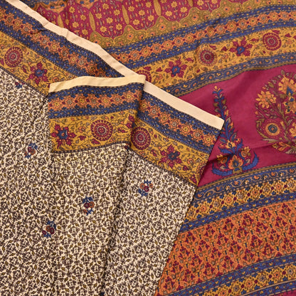 Indian Vintage Sari Beige Pure Silk Printed Saree 5yd Sewing Craft Fabric DressMaking Soft Used Upcycled