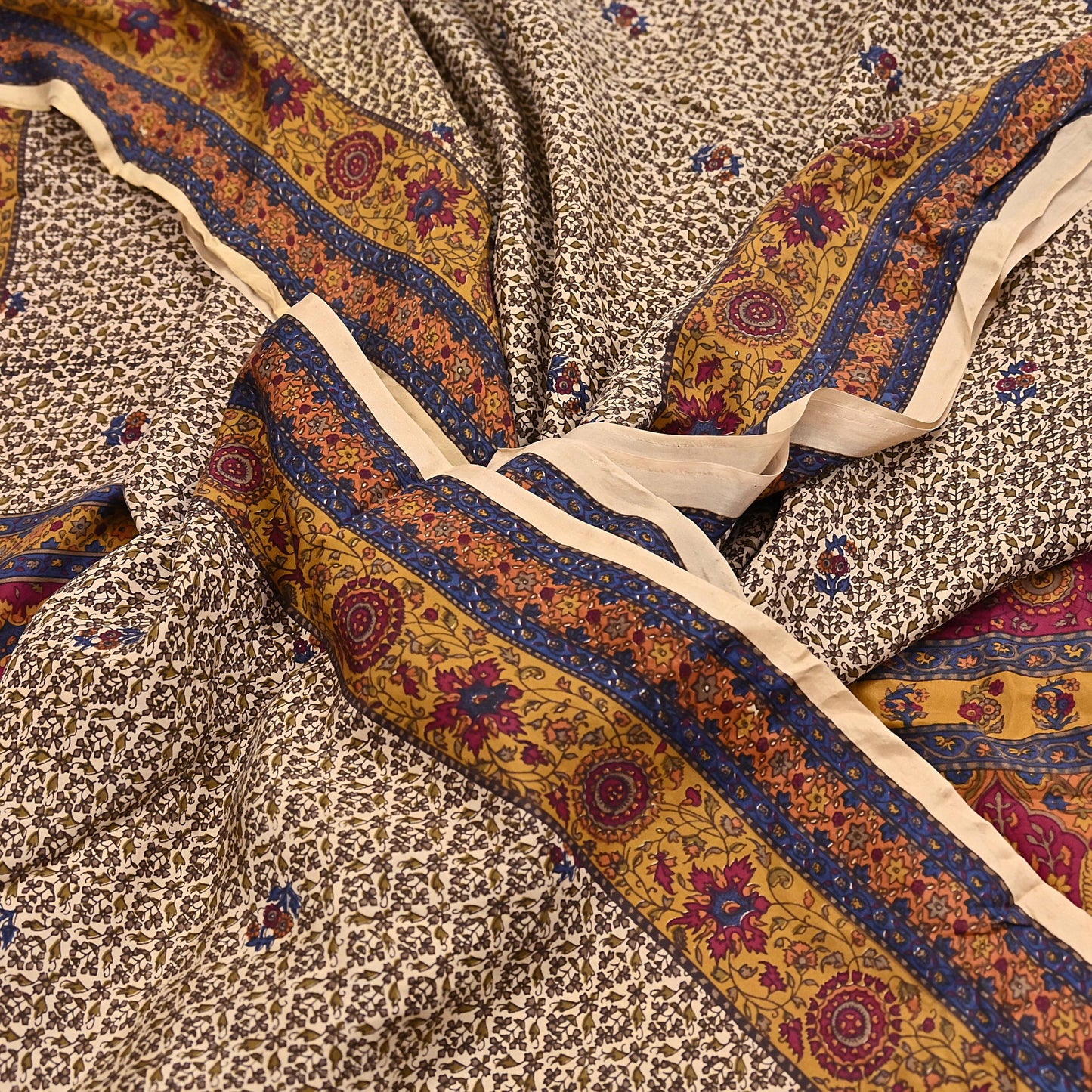 Indian Vintage Sari Beige Pure Silk Printed Saree 5yd Sewing Craft Fabric DressMaking Soft Used Upcycled