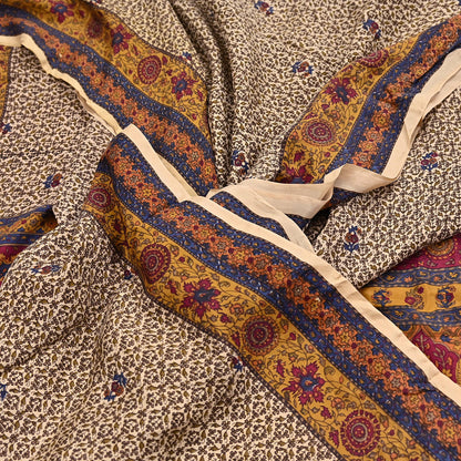 Indian Vintage Sari Beige Pure Silk Printed Saree 5yd Sewing Craft Fabric DressMaking Soft Used Upcycled