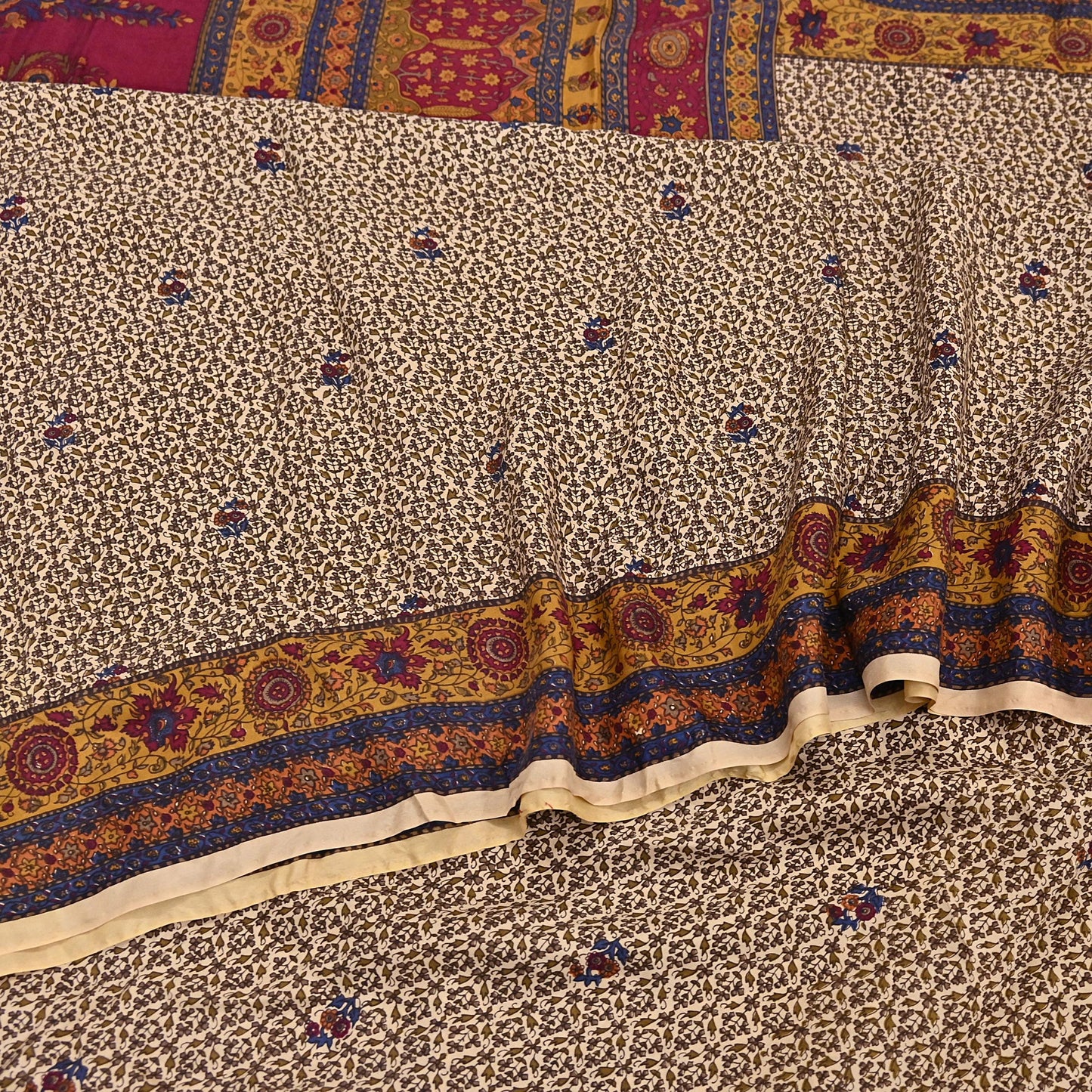 Indian Vintage Sari Beige Pure Silk Printed Saree 5yd Sewing Craft Fabric DressMaking Soft Used Upcycled