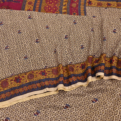 Indian Vintage Sari Beige Pure Silk Printed Saree 5yd Sewing Craft Fabric DressMaking Soft Used Upcycled