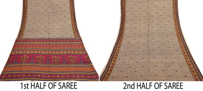 Indian Vintage Sari Beige Pure Silk Printed Saree 5yd Sewing Craft Fabric DressMaking Soft Used Upcycled