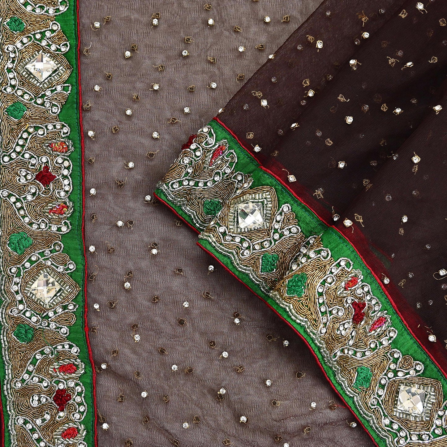 Indian Vintage Heavy Brown Dupatta Net Mesh Long Stole Hand Embroidered Scarves Golden Zardozi Dabka Zari Stole