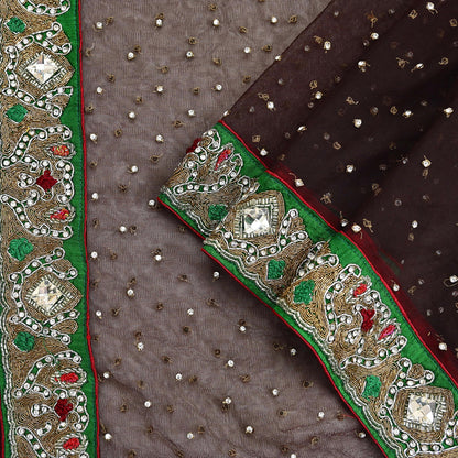 Indian Vintage Heavy Brown Dupatta Net Mesh Long Stole Hand Embroidered Scarves Golden Zardozi Dabka Zari Stole