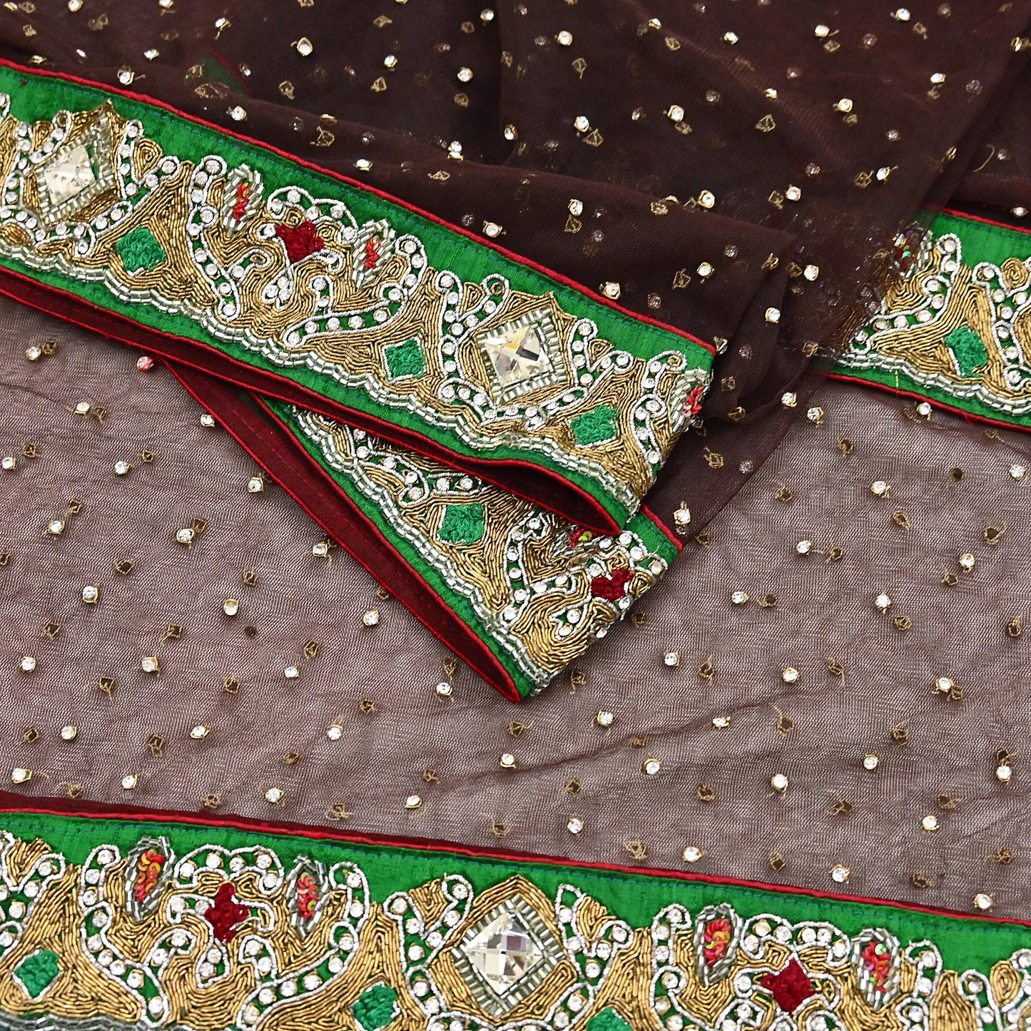 Indian Vintage Heavy Brown Dupatta Net Mesh Long Stole Hand Embroidered Scarves Golden Zardozi Dabka Zari Stole