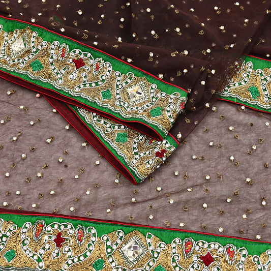 Indian Vintage Heavy Brown Dupatta Net Mesh Long Stole Hand Embroidered Scarves Golden Zardozi Dabka Zari Stole