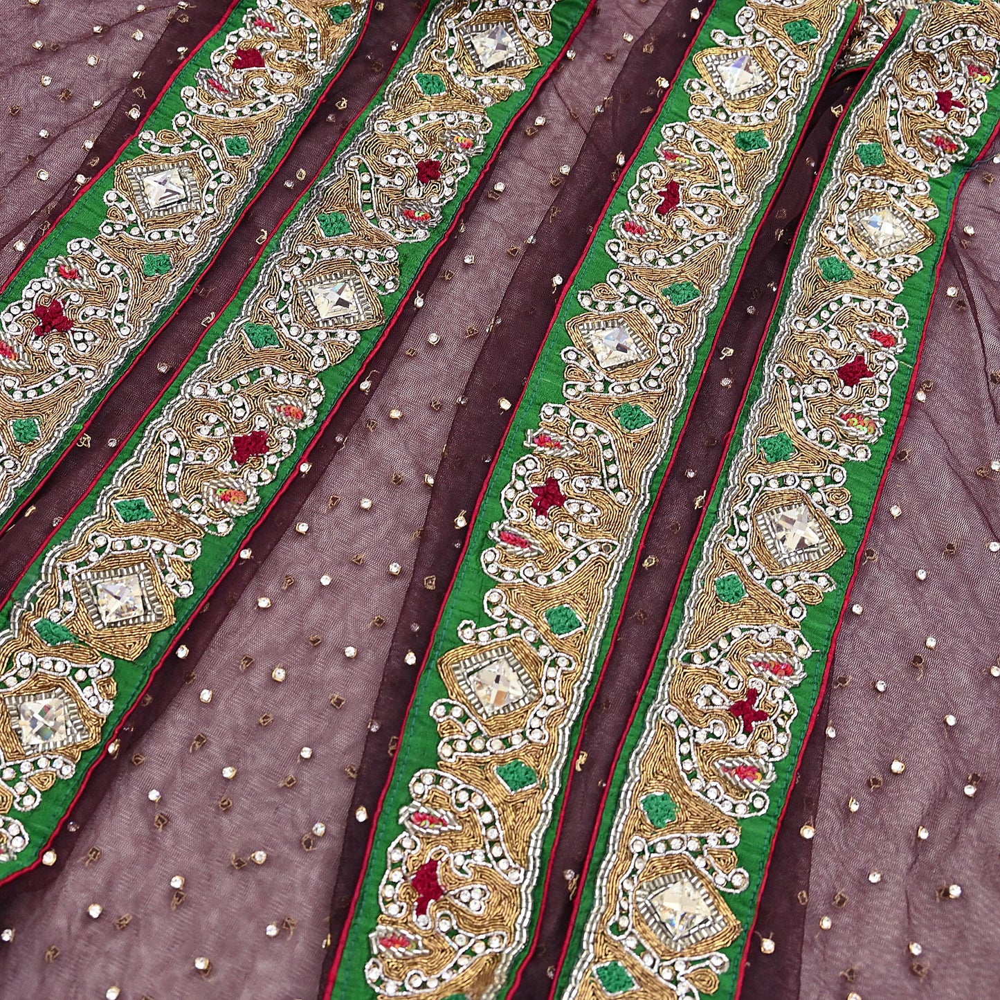 Indian Vintage Heavy Brown Dupatta Net Mesh Long Stole Hand Embroidered Scarves Golden Zardozi Dabka Zari Stole