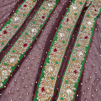 Indian Vintage Heavy Brown Dupatta Net Mesh Long Stole Hand Embroidered Scarves Golden Zardozi Dabka Zari Stole