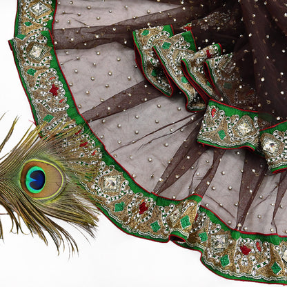 Indian Vintage Heavy Brown Dupatta Net Mesh Long Stole Hand Embroidered Scarves Golden Zardozi Dabka Zari Stole