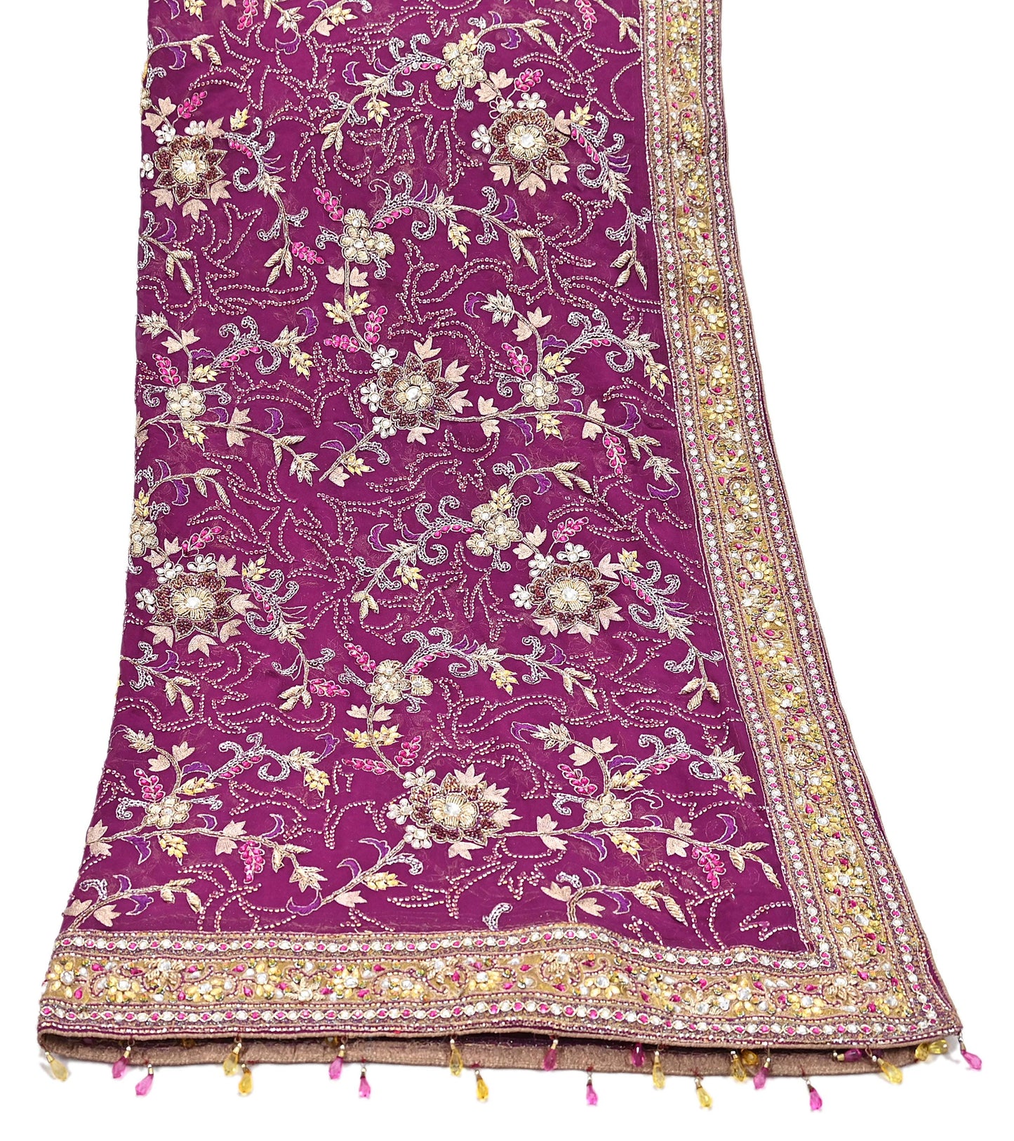 Indian Vintage Heavy Purple Dupatta Pure Georgette Silk Long Stole Hand Embroidered Scarf Zari Zardozi