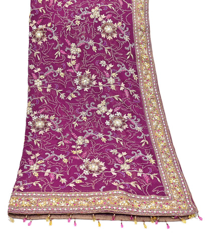 Indian Vintage Heavy Purple Dupatta Pure Georgette Silk Long Stole Hand Embroidered Scarf Zari Zardozi