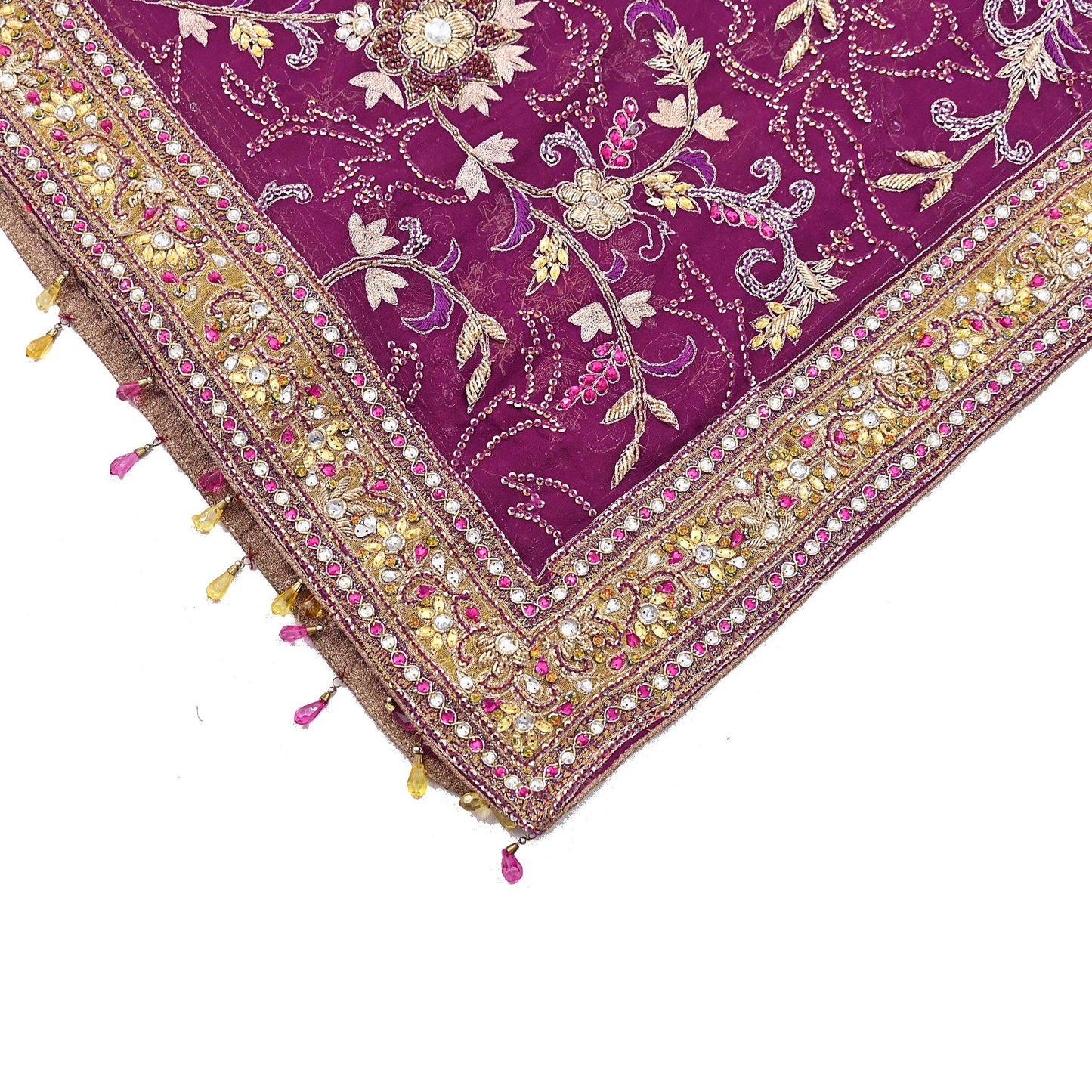 Indian Vintage Heavy Purple Dupatta Pure Georgette Silk Long Stole Hand Embroidered Scarf Zari Zardozi