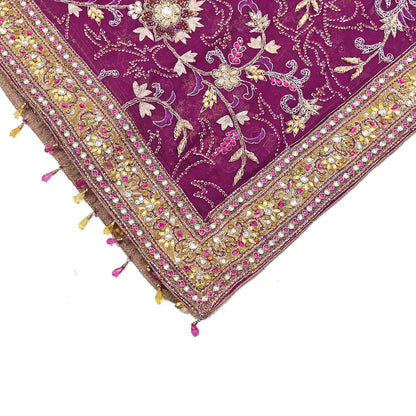 Indian Vintage Heavy Purple Dupatta Pure Georgette Silk Long Stole Hand Embroidered Scarf Zari Zardozi