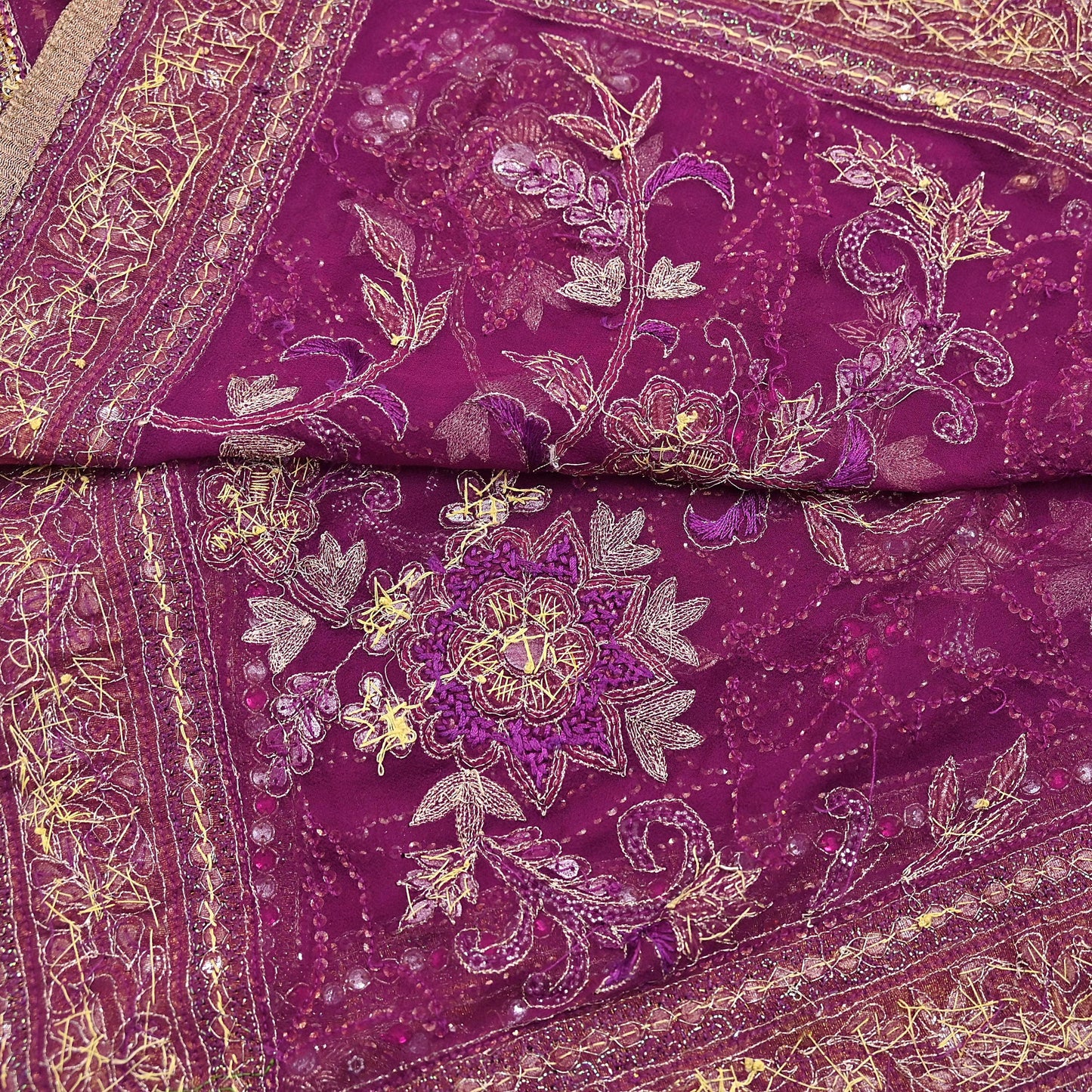 Indian Vintage Heavy Purple Dupatta Pure Georgette Silk Long Stole Hand Embroidered Scarf Zari Zardozi
