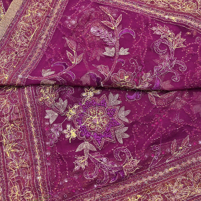 Indian Vintage Heavy Purple Dupatta Pure Georgette Silk Long Stole Hand Embroidered Scarf Zari Zardozi