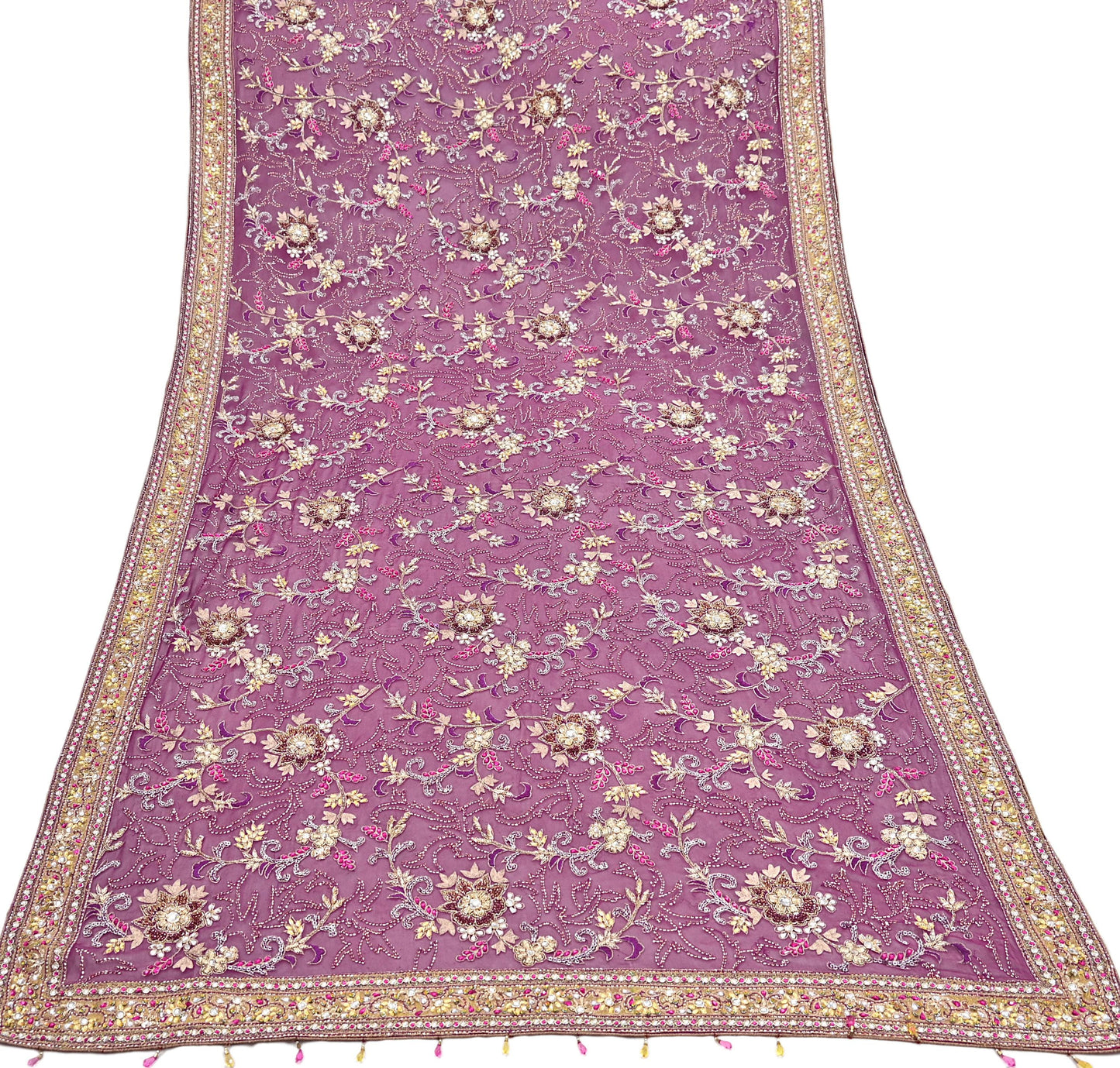 Indian Vintage Heavy Purple Dupatta Pure Georgette Silk Long Stole Hand Embroidered Scarf Zari Zardozi