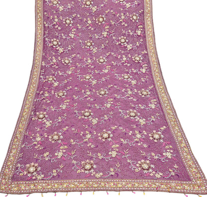 Indian Vintage Heavy Purple Dupatta Pure Georgette Silk Long Stole Hand Embroidered Scarf Zari Zardozi