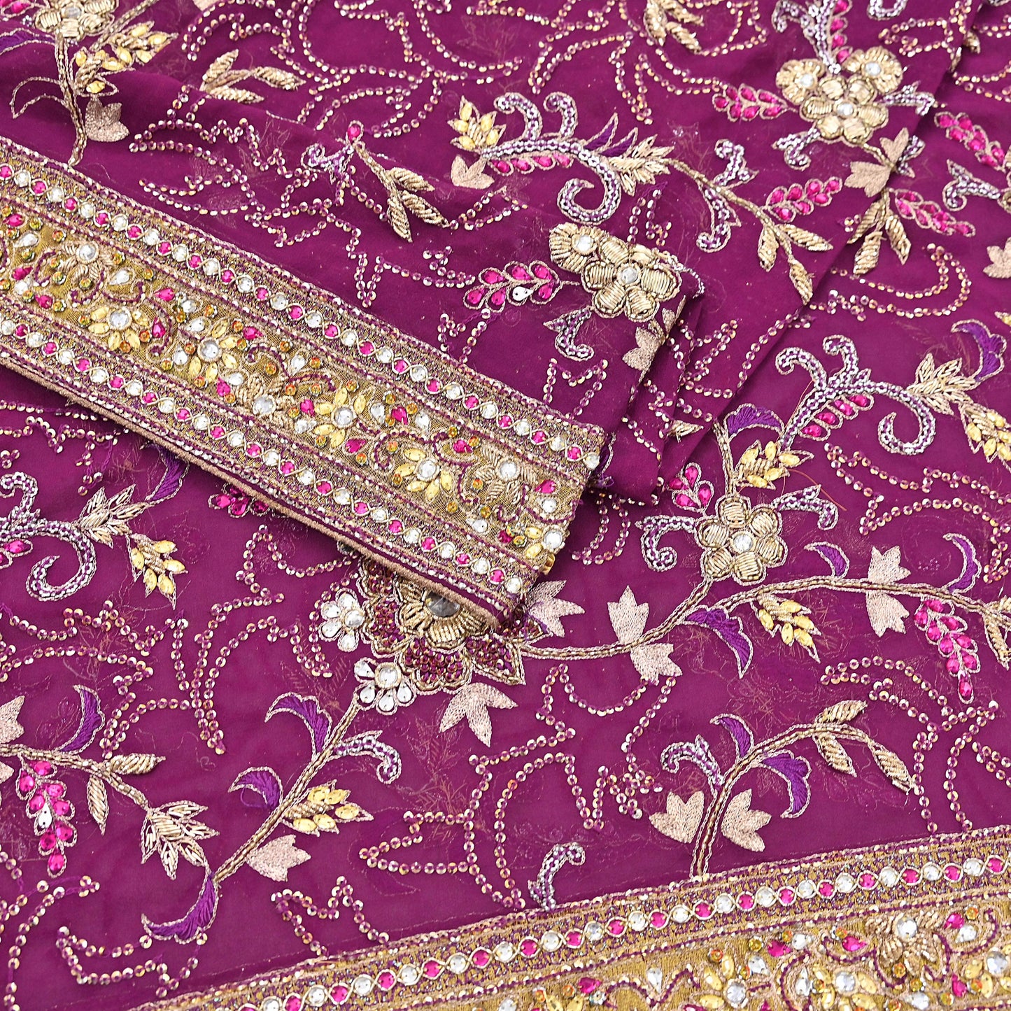Indian Vintage Heavy Purple Dupatta Pure Georgette Silk Long Stole Hand Embroidered Scarf Zari Zardozi