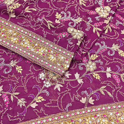 Indian Vintage Heavy Purple Dupatta Pure Georgette Silk Long Stole Hand Embroidered Scarf Zari Zardozi