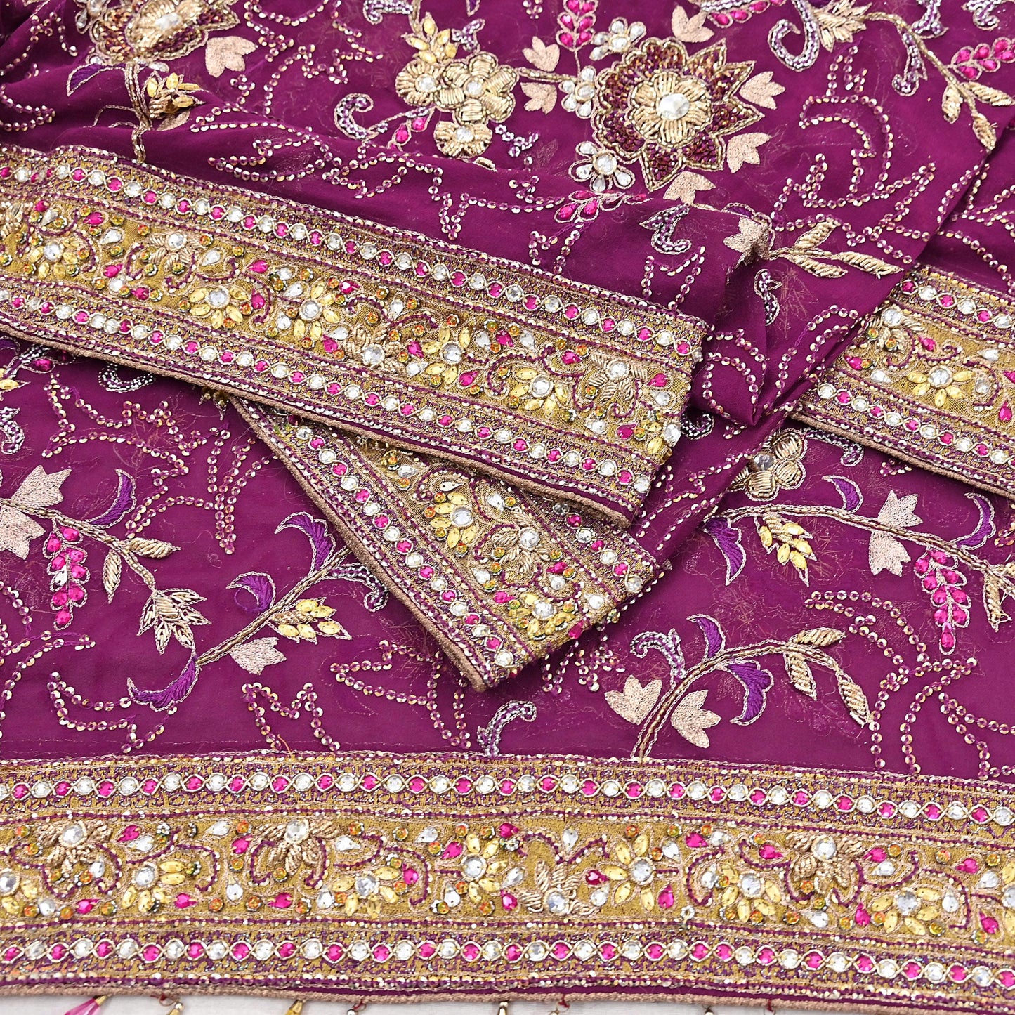Indian Vintage Heavy Purple Dupatta Pure Georgette Silk Long Stole Hand Embroidered Scarf Zari Zardozi