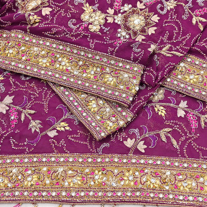 Indian Vintage Heavy Purple Dupatta Pure Georgette Silk Long Stole Hand Embroidered Scarf Zari Zardozi