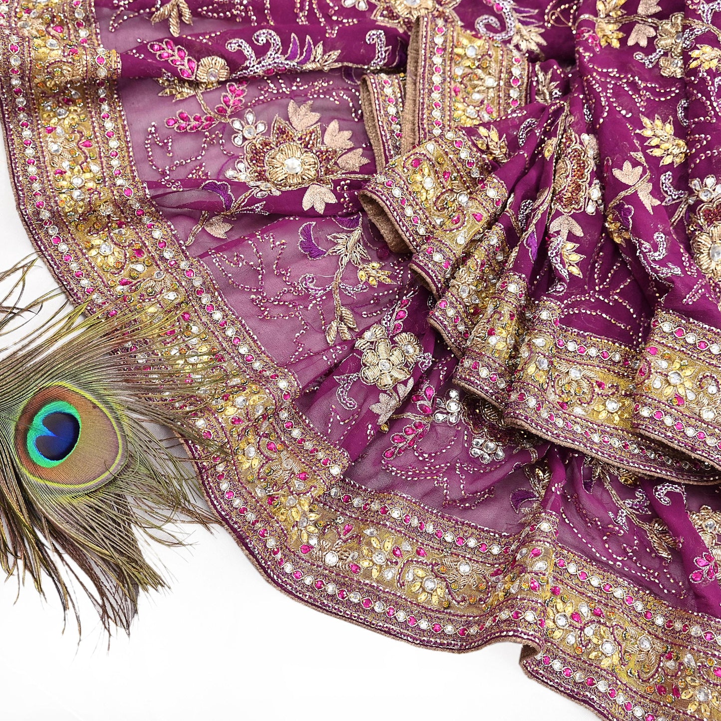 Indian Vintage Heavy Purple Dupatta Pure Georgette Silk Long Stole Hand Embroidered Scarf Zari Zardozi