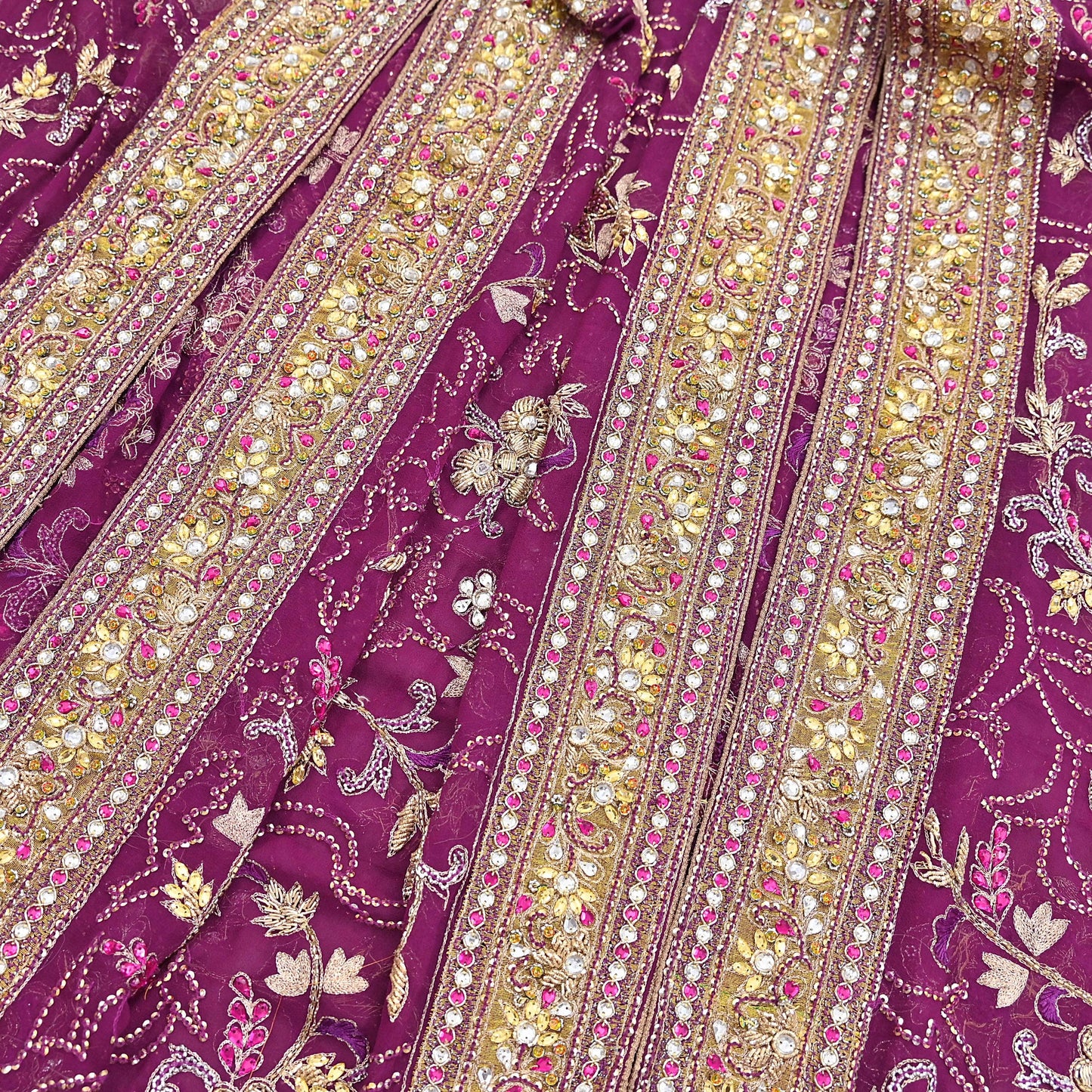 Indian Vintage Heavy Purple Dupatta Pure Georgette Silk Long Stole Hand Embroidered Scarf Zari Zardozi
