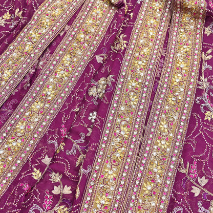 Indian Vintage Heavy Purple Dupatta Pure Georgette Silk Long Stole Hand Embroidered Scarf Zari Zardozi