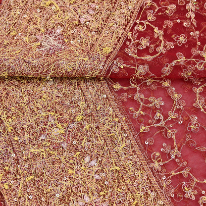 Indian Vintage Heavy Bridal Red Dupatta Net Mesh Long Stole Hand Embroidered Scarves Zardozi Dabka Zari Wedding dupatta veil hijab