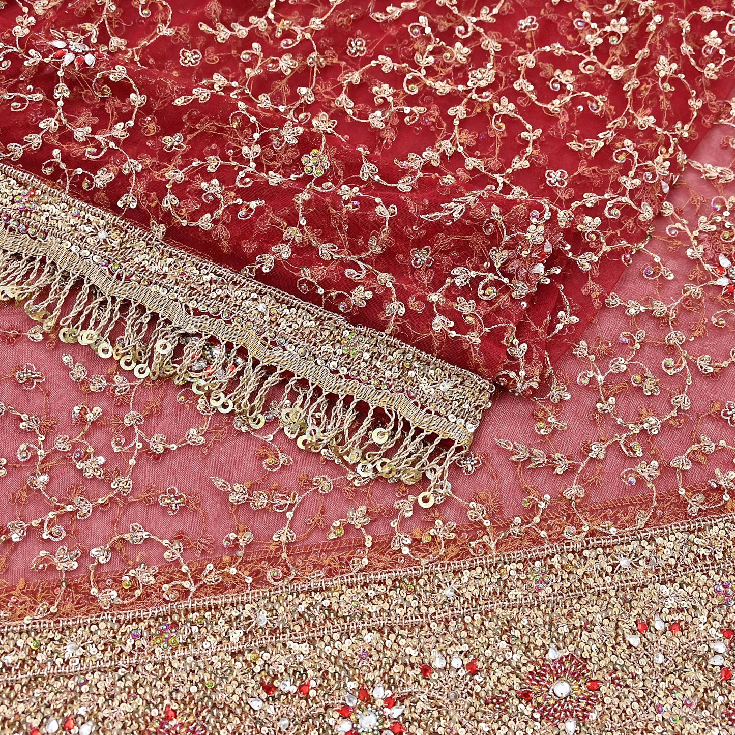 Indian Vintage Heavy Bridal Red Dupatta Net Mesh Long Stole Hand Embroidered Scarves Zardozi Dabka Zari Wedding dupatta veil hijab