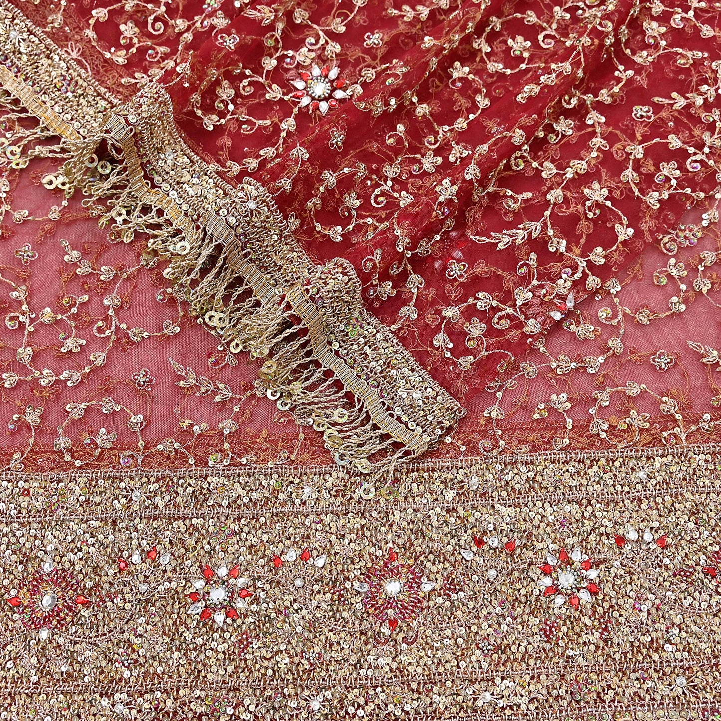 Indian Vintage Heavy Bridal Red Dupatta Net Mesh Long Stole Hand Embroidered Scarves Zardozi Dabka Zari Wedding dupatta veil hijab