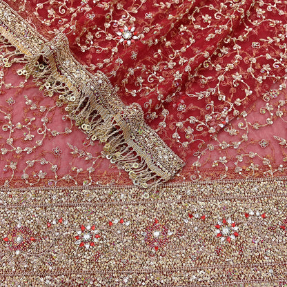 Indian Vintage Heavy Bridal Red Dupatta Net Mesh Long Stole Hand Embroidered Scarves Zardozi Dabka Zari Wedding dupatta veil hijab