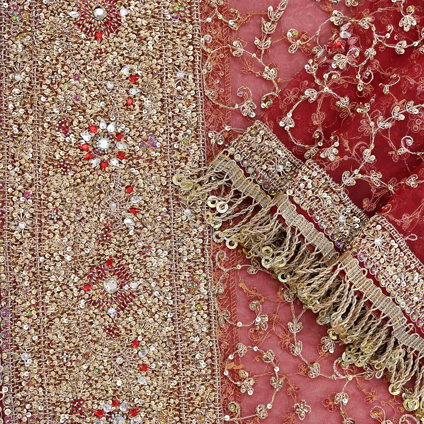 Indian Vintage Heavy Bridal Red Dupatta Net Mesh Long Stole Hand Embroidered Scarves Zardozi Dabka Zari Wedding dupatta veil hijab